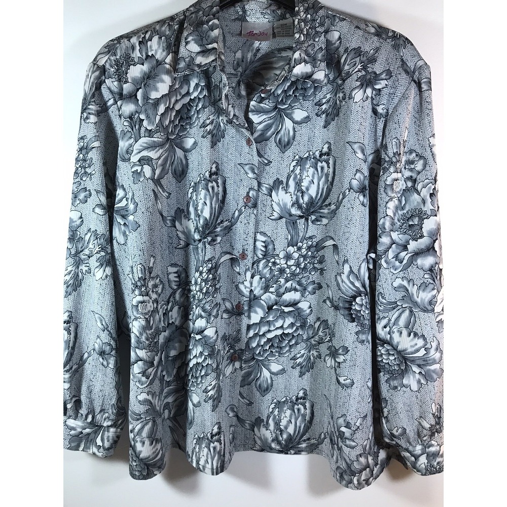 Tan Jay 20w gray black floral shoulder pads blouse